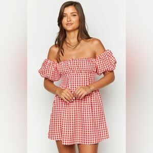 Beginning Boutique Love Lost Off The Shoulder Red Gingham Mini Dress